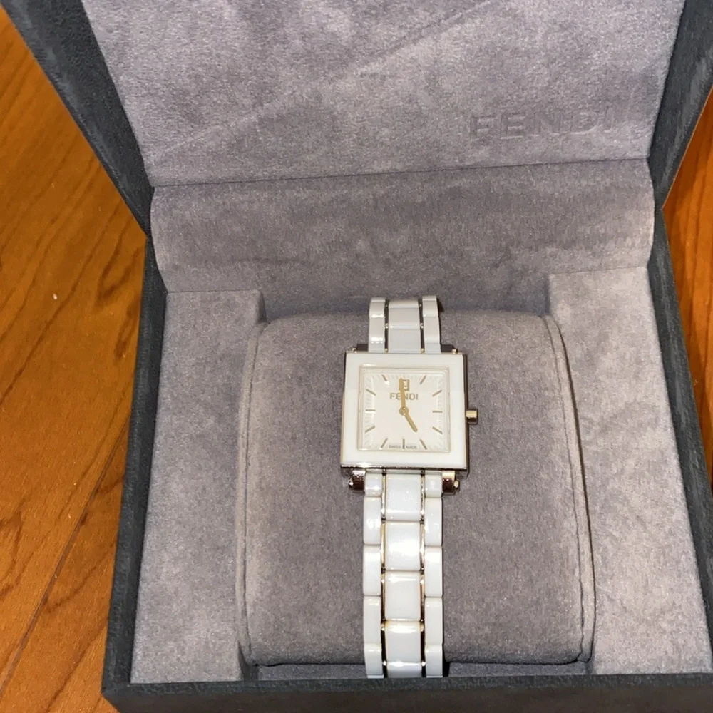 Fendi Square Ceramic White Watch, Stainless Steel